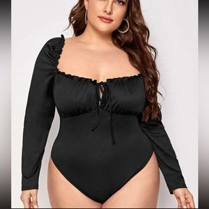 Sweetheart Tie Front Frill Trim Bodysuit in Black